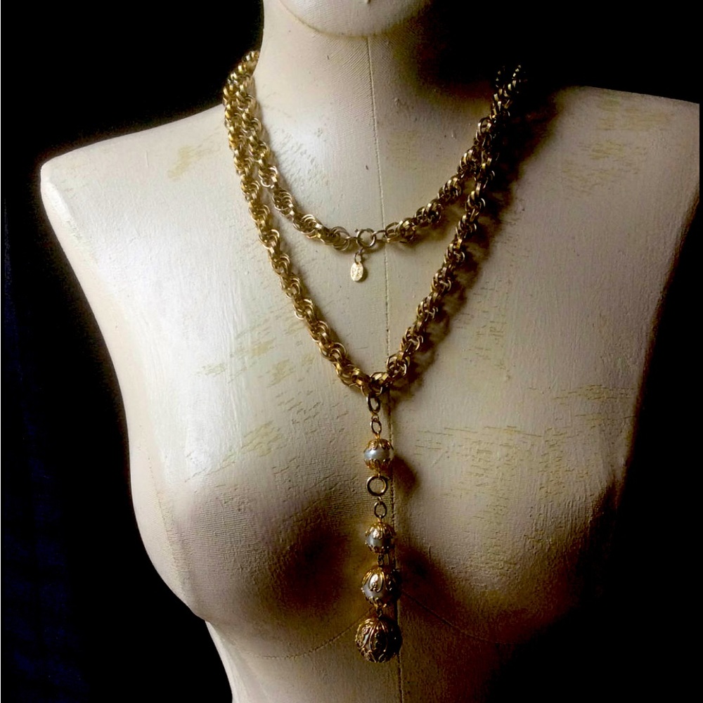 Vintage Park & Lane Light Gold Tone Lariat Necklace With Removable Bead Pendant